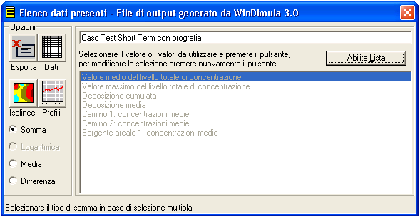 Lista: contiene la lista degli argomenti visualizzabili contenuti nel file di input selezionato (nel caso di Figura 1-2 il file di input selezionato è relativo ad una simulazione eseguita con il