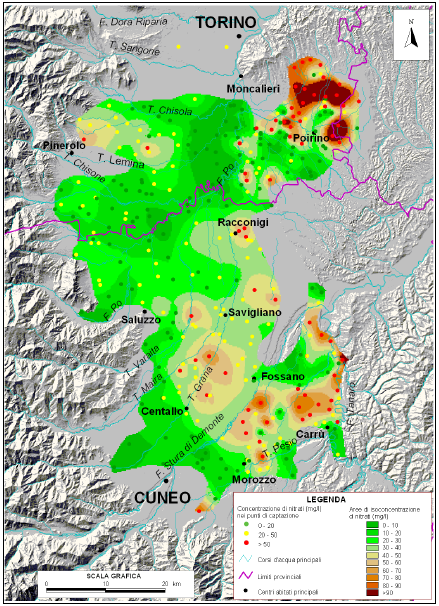 Figura 2: carta della distribuzione areale dei nitrati nell acquifero superficiale