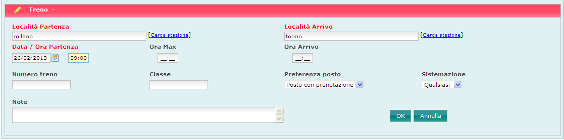 2 Prenotazione Treno Selezionare il tasto dal menu Servizi Assisted ed inserire i dati necessari, infine cliccare su OK. I campi evidenziati in rosso sono obbligatori.