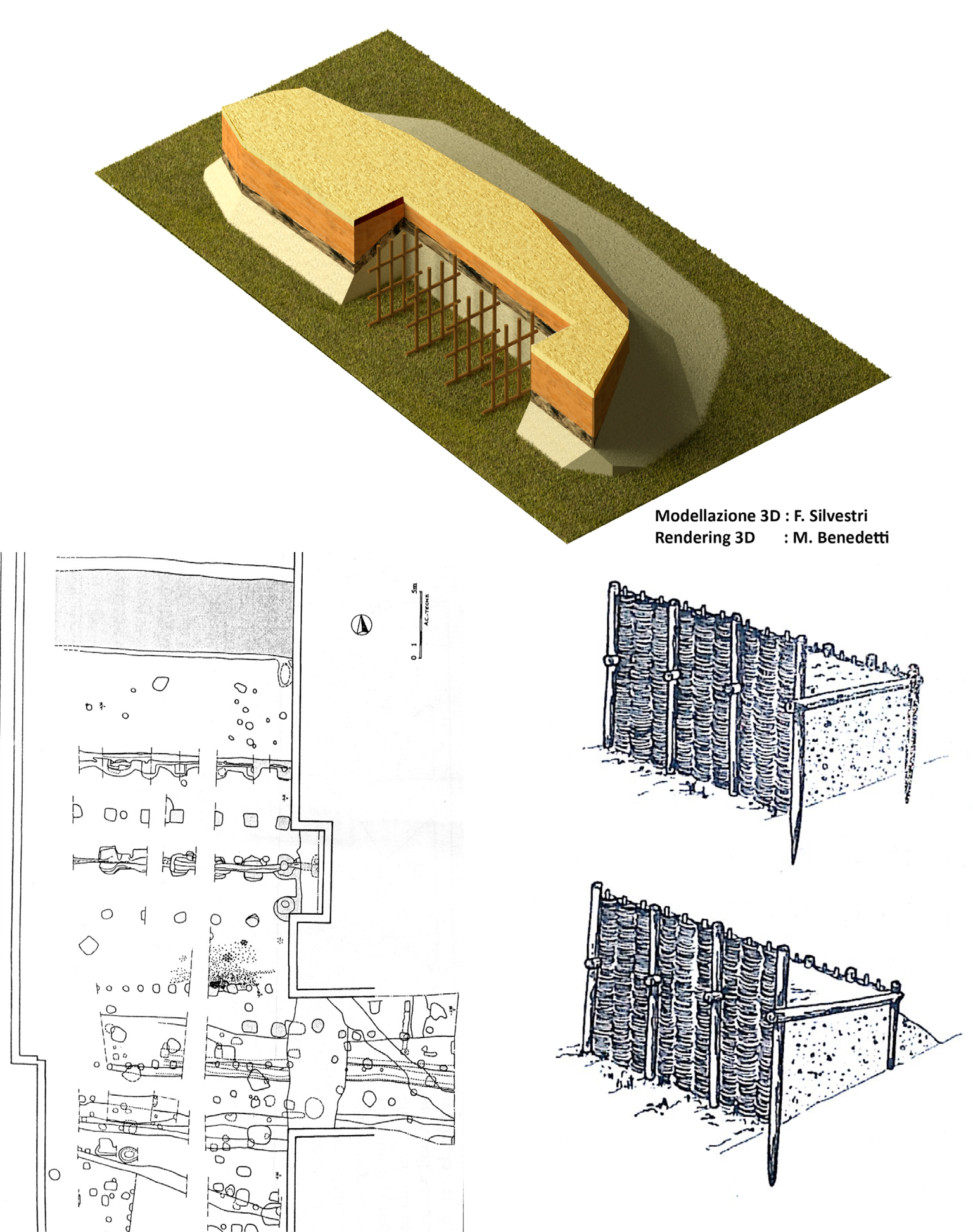 Fig. 4 a. Area 1, ricostruzione 3D della struttura in pali lignei; b.