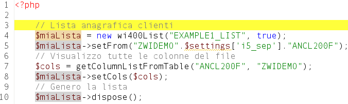 Sviluppo del codice con Wi400(img_07). la riga 4. istanzia la classe Wi400List per creare l'oggetto subfile su web, tale oggetto produrrà dell'html per visualizzare una lista di elementi paginabili.