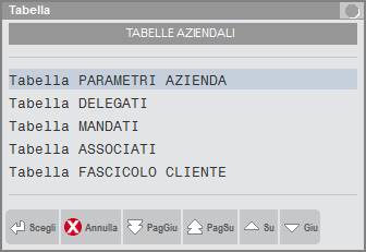 TABELLE AZIENDALI Nella voce TABELLE AZIENDALI devono essere configurate le seguenti tabelle: - Tabella PARAMETRI AZIENDA - Tabella DELEGATI - Tabella MANDATI - Tabella ASSOCIATI - Tabella FASCICOLO