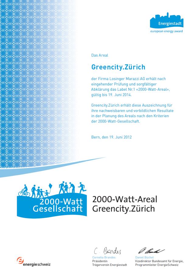 Certificato Città dell energia «Area 2000 Watt» «in fase di