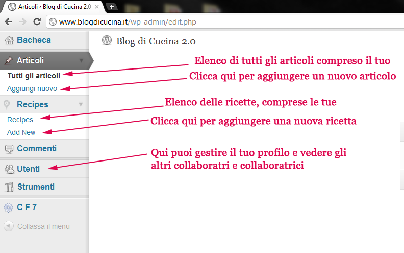 IL PANNELLO AMMINISTRATIVO Ecco il pannello da cui inizia la tua avventura con Blog di Cucina 2.0!