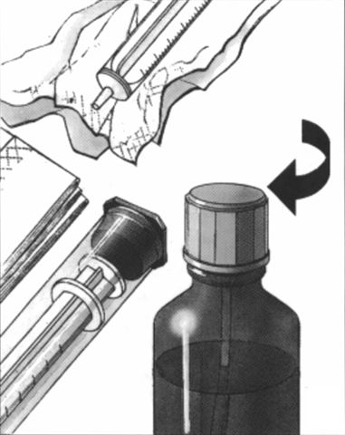 8. Trasferire il quantitativo di medicinale prelevato dalla siringa in un piccolo contenitore di vetro contenente del liquido, che non sia succo di pompelmo.