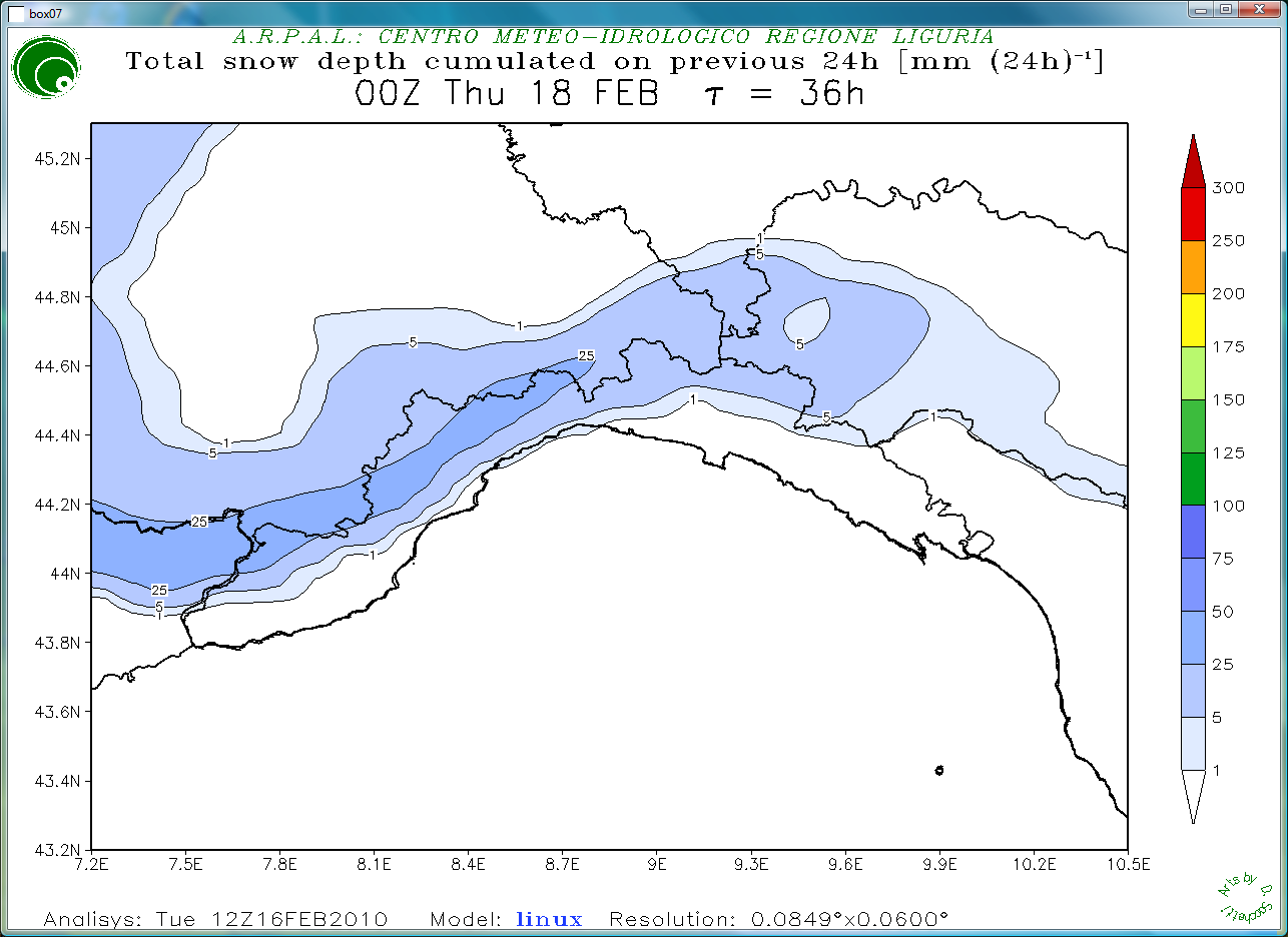 Figura 4 Analisi al suolo riferita alle 18UTC del 16 febbraio 2010 (elaborazione Meteocentre) Figura 5 Mappa di previsione della pressione a livello del mare riferita alle 18UTC del 16 febbraio 2010