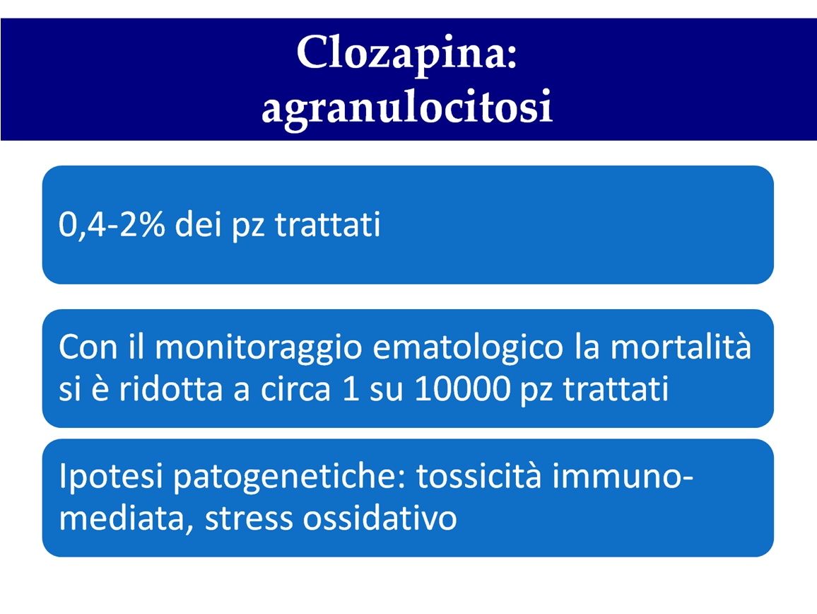 La clozapina è stata il primo antipsicotico atipico ad essere sviluppato ma, in seguito al verificarsi dicasi di agranulocitosi (riduzione del numero di globuli bianchi circolanti, specificamente dei