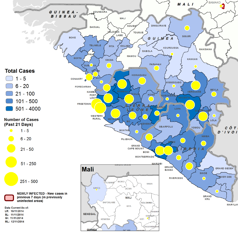 Casi e decessi cumulativi attribuiti alla malattia da virus Ebola (OMS, 11/03/2015) Distribuzione dei casi di