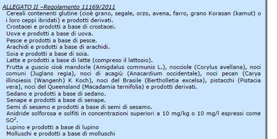 Gli alimenti causa di allergia sono elencati nel Regolamento
