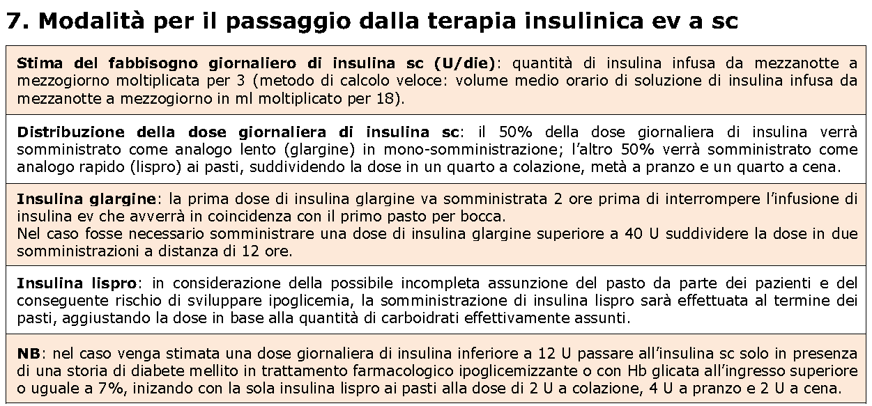 Superata la fase critica, può essere programmato il passaggio dalla terapia insulinica endovenosa a quella sottocutanea.