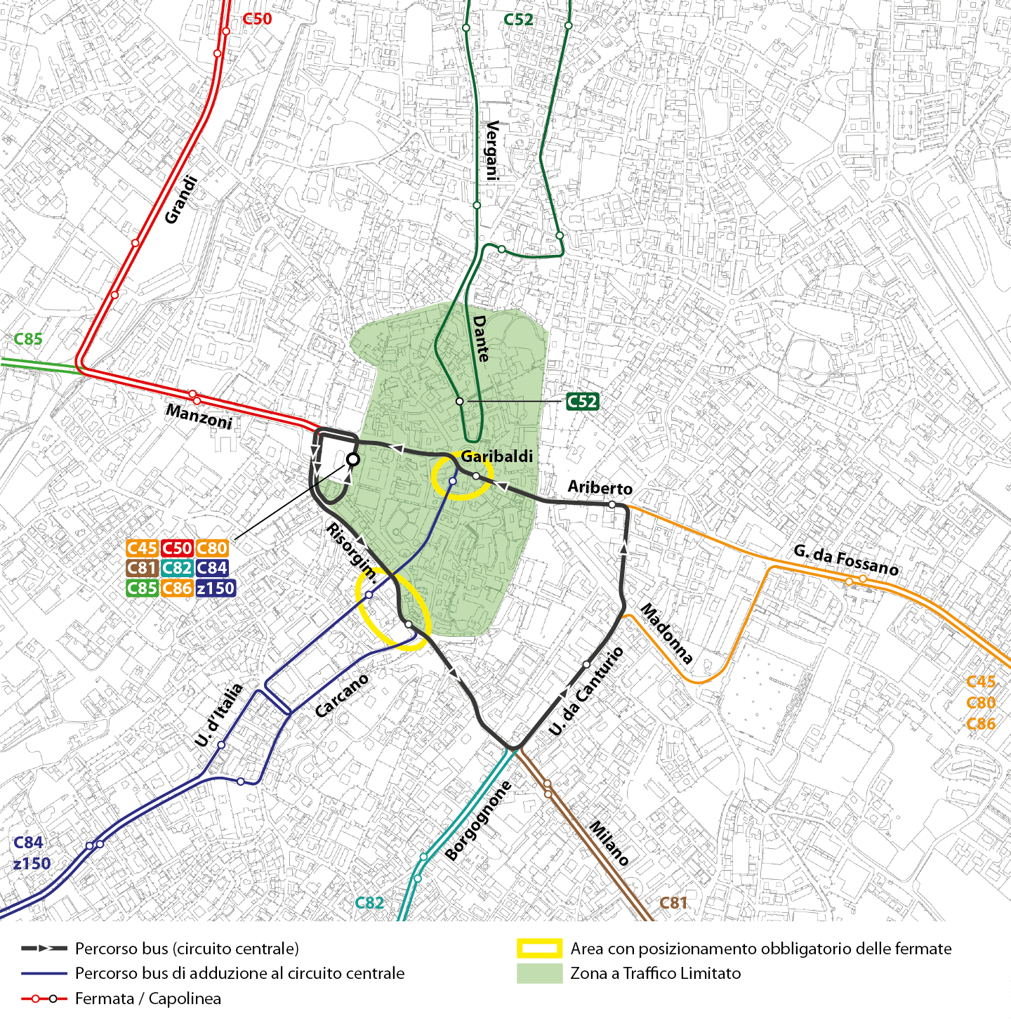 Piano Urbano del Traffico (Proposta di Piano) Figura 3-5: Individuazione di itinerari e fermate del trasporto pubblico extraurbano, scenario di Piano 3.2.