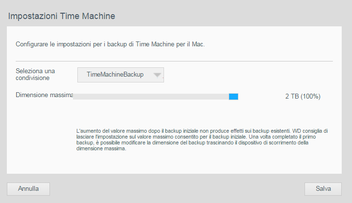 IMPOSTAZIONI DI CONFIGURAZIONE Backup Mac Questa sezione della pagina Generali consente di abilitare o disabilitare i backup di Time Machine dei sistemi Mac.