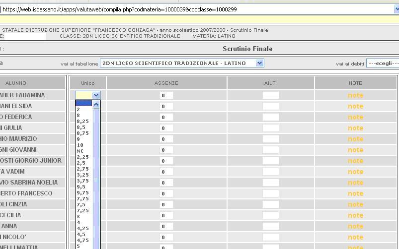 Si apre a questo punto la pagina con il tabellone della classe-materia da valutare.