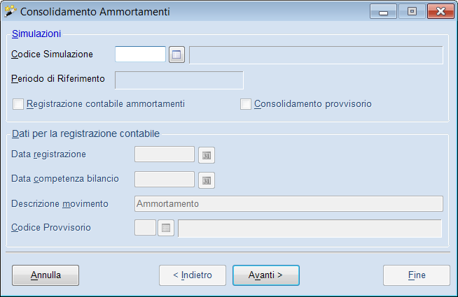 E) Eseguire il consolidamento degli ammortamenti Figura 19 Attraverso questa funzione è possibile consolidare le simulazioni effettuate in precedenza dando la possibilità all'utente di stampare il