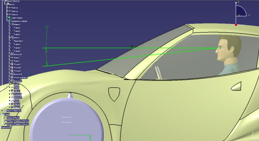9 Simulazione di visibilità con Catia V5 La norma impone che l angolo di visibilità individuato dall orizzontale passante per l occhio dell Oscar (monocolo), diretto verso il basso, deve essere