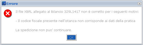 4 - bilancio XBRL non corretto Qualora l'utente avesse allegato un file XBRL non corretto, il sistema potrà avvisare della situazione evidenziando la tipologia di errore riscontrata.