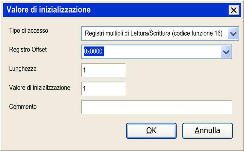 Configurazione della linea seriale Per configurare il valore di inizializzazione Modbus, procedere nel seguente modo: Passo Azione 1 Fare clic sulla scheda Init slave Modbus: 2 Fare clic su Nuovo per