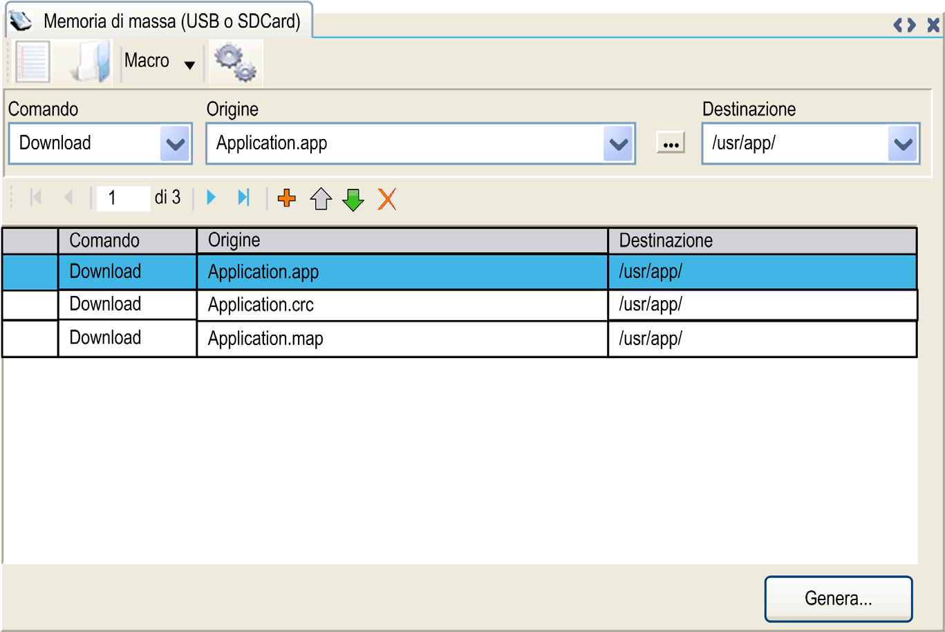 SD Card Generazione di script e di file con Mass Storage Fare clic su Progetto Memoria di massa (USB o SDCard) nel menu principale: Elemento Nuovo Apri Macro Genera Comando Sorgente Destinazione