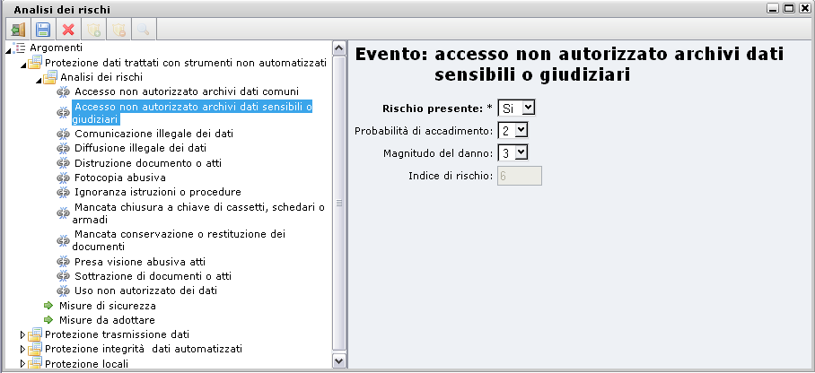 generatori di rischi: selezionando l'evento, sarà possibile indicare l'eventuale presenza di rischio, la probabilità di accadimento e la magnitudo dell'eventuale danno (entrambe misurate su una scala