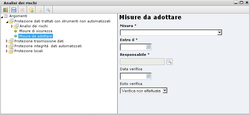 Cliccando sul nodo "Misure da adottare", il sistema consente di indicare la misura che si intende adottare, la data entro la quale realizzare l'adeguamento, la figura delegata al controllo o alla