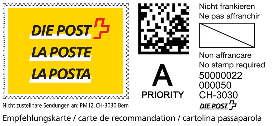 Utilizzo di codici a matrice di dati per invii di lettere Tipi di affrancatura PP Easy e Letter ID Cartolina passaparola Nella cartolina passaparola, il codice a matrice di dati è per la prima volta