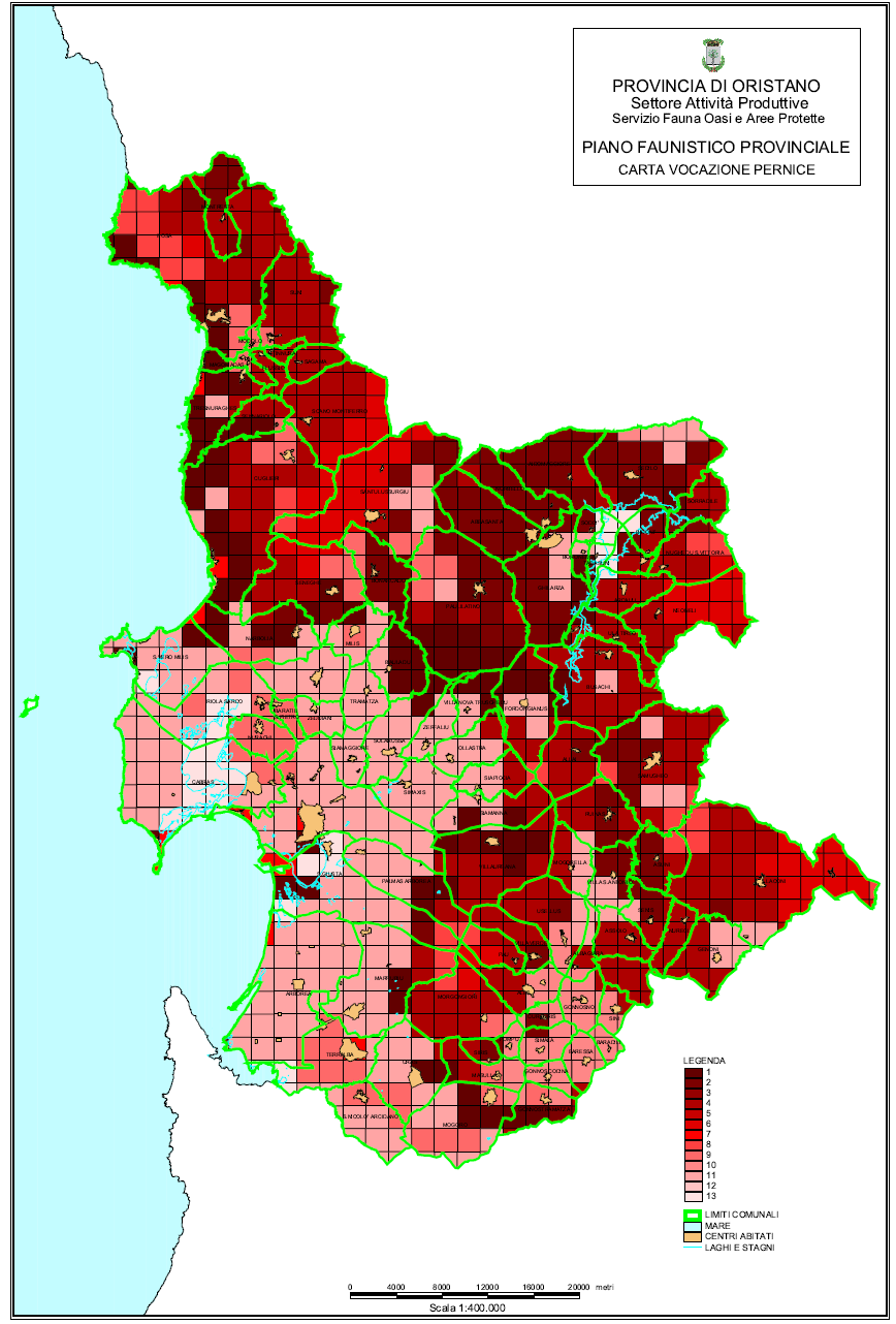 Dai monitoraggi effettuati per la redazione della Carta regionale delle Vocazioni in Provincia di Oristano le abbondanze più elevate per la Pernice sarda sono state registrate nei comuni di Mogoro,