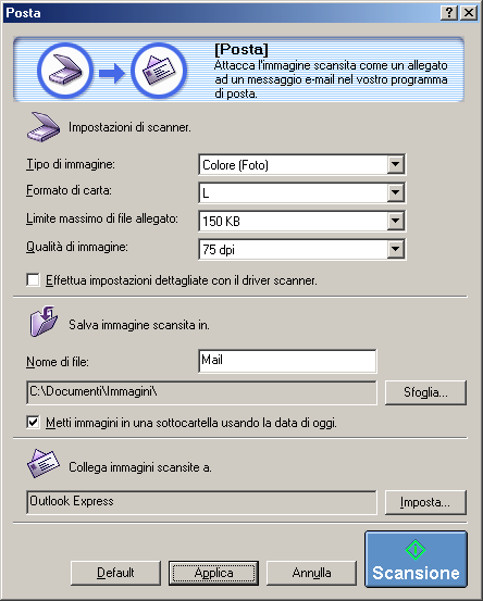 Invio di Posta Questa funzione scansisce un oggetto e lo invia come un allegato di file immagine ad un programma di posta. Seguire le procedure di cui sotto per iniziare ad inviare un immagine.