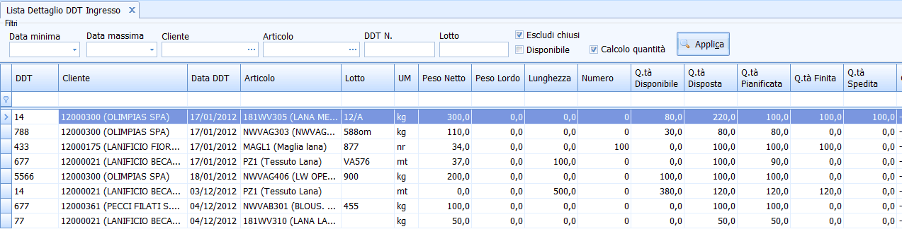 66 DyeMrp Da questa lista si può creare una disposizione. Si seleziona una o più righe e poi si preme il tasto destro del mouse, comparirà un menù dove si può scegliere la funzione desiderata. 6.6.1 Significato dei colori nella griglia Quando ci sono delle griglie che riportano delle quantità lo stato della riga viene indicato dai colori.