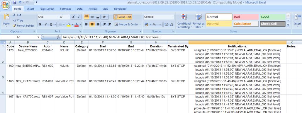 Non viene considerato il tempo di delay che potrebbe esser stato configurato per la gestione dell allarme stesso. - End: data/ora in cui il sistema ha rilevato il reset dell allarme.