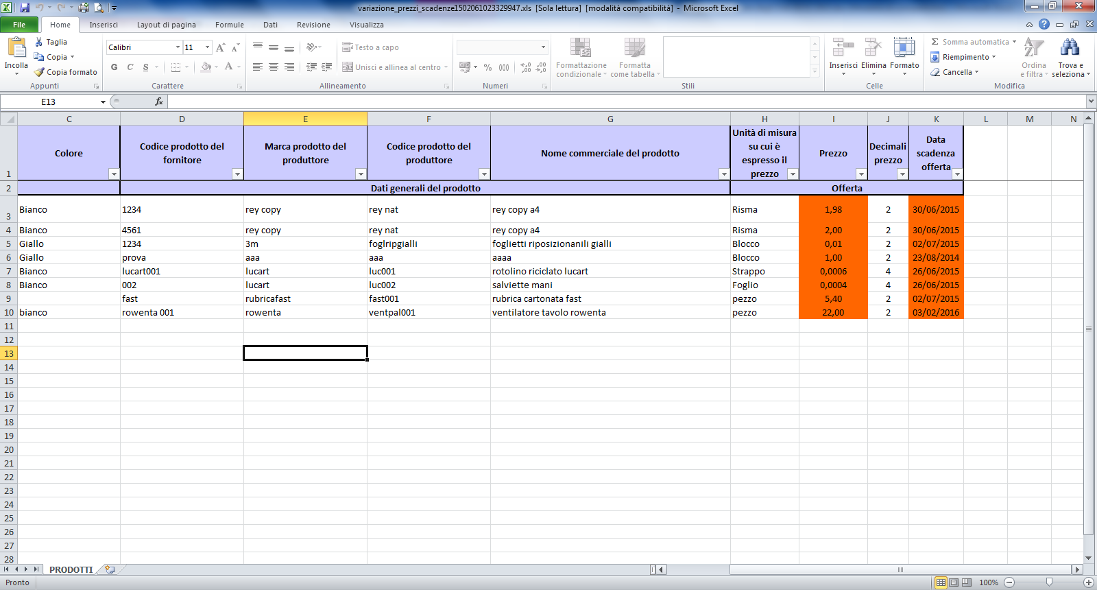 Modificare i prezzi e/o le scadenze nel file