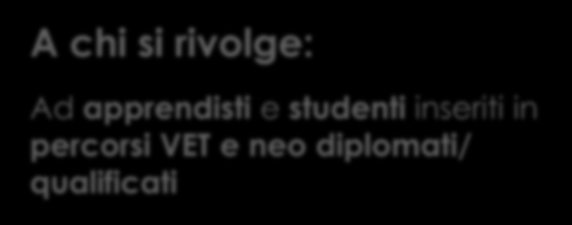 VET Learners Obiettivo: Accrescere le opportunità di formazione in un altro Paese del Programma di studenti e tirocinanti VET, finalizzate a far acquisire le abilità necessarie per favorire la