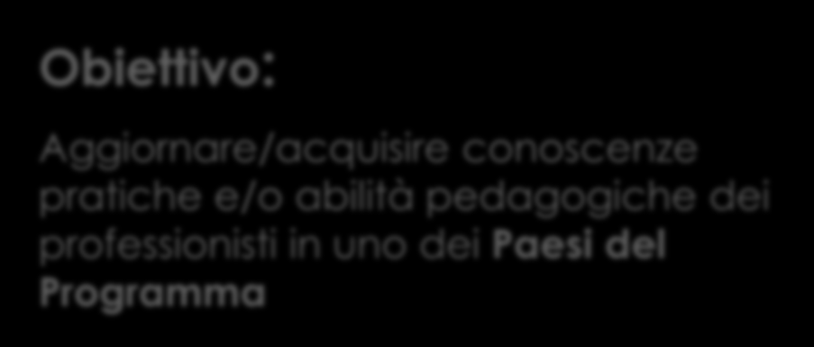 VET Staff Obiettivo: Aggiornare/acquisire conoscenze pratiche e/o abilità pedagogiche dei professionisti in uno dei Paesi del Programma A chi si rivolge: Al personale degli organismi che operano nell