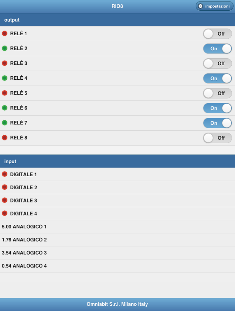 4 HOME Home L immagine rappresenta la home della app. La suddivisione in due aree (output e input) distingue le tipologie di dispositivi connessi a RIO8.