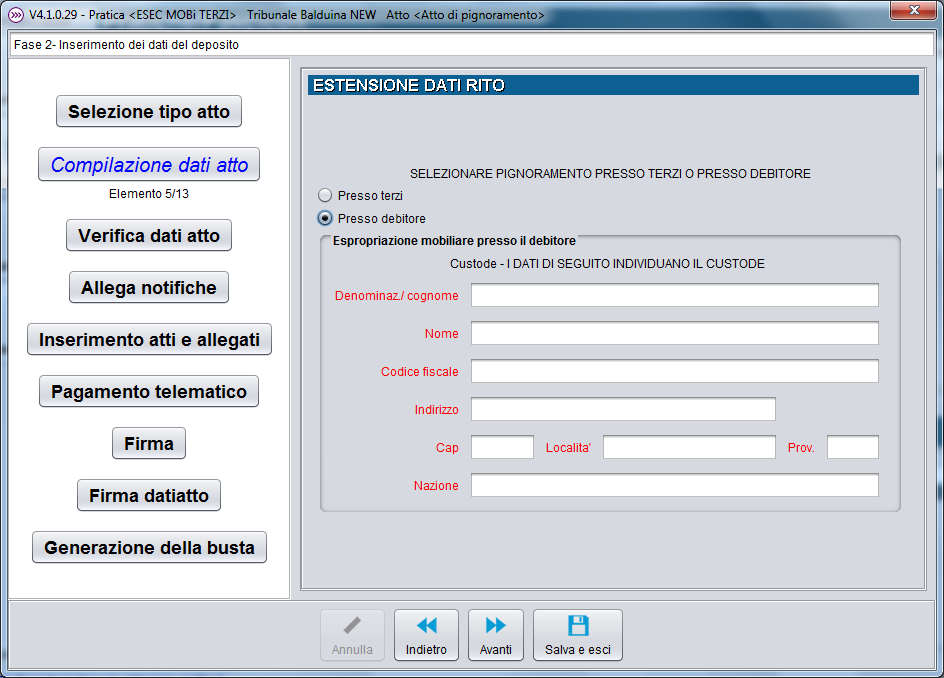 Nel quadro sono presenti i dati obbligatori relativi alla: - data di Udienza in citazione - data della notifica del pignoramento E inoltre presente un pulsante per inserire l anagrafica del Custode