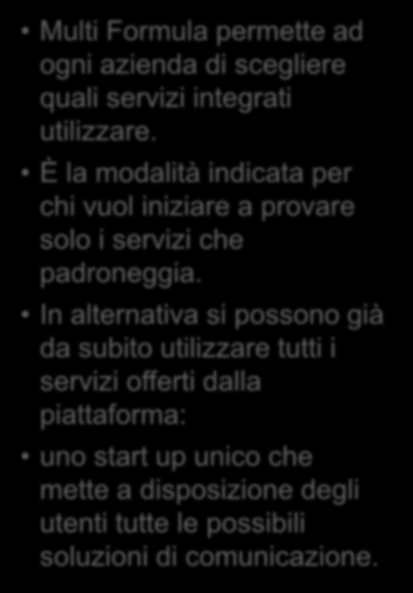 Multi Formula È modulare Multi Formula permette ad ogni azienda di scegliere quali servizi integrati utilizzare. È la modalità indicata per chi vuol iniziare a provare solo i servizi che padroneggia.