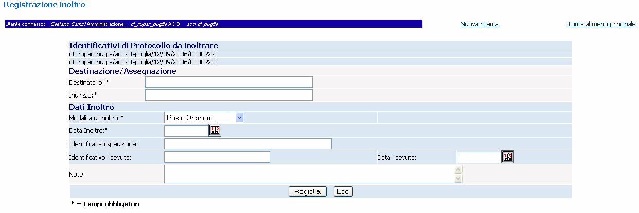 473 E possibile selezionare più messaggi protocollati per i quali occorre registrare gli inoltri/assegnazioni verso la stessa destinazione.