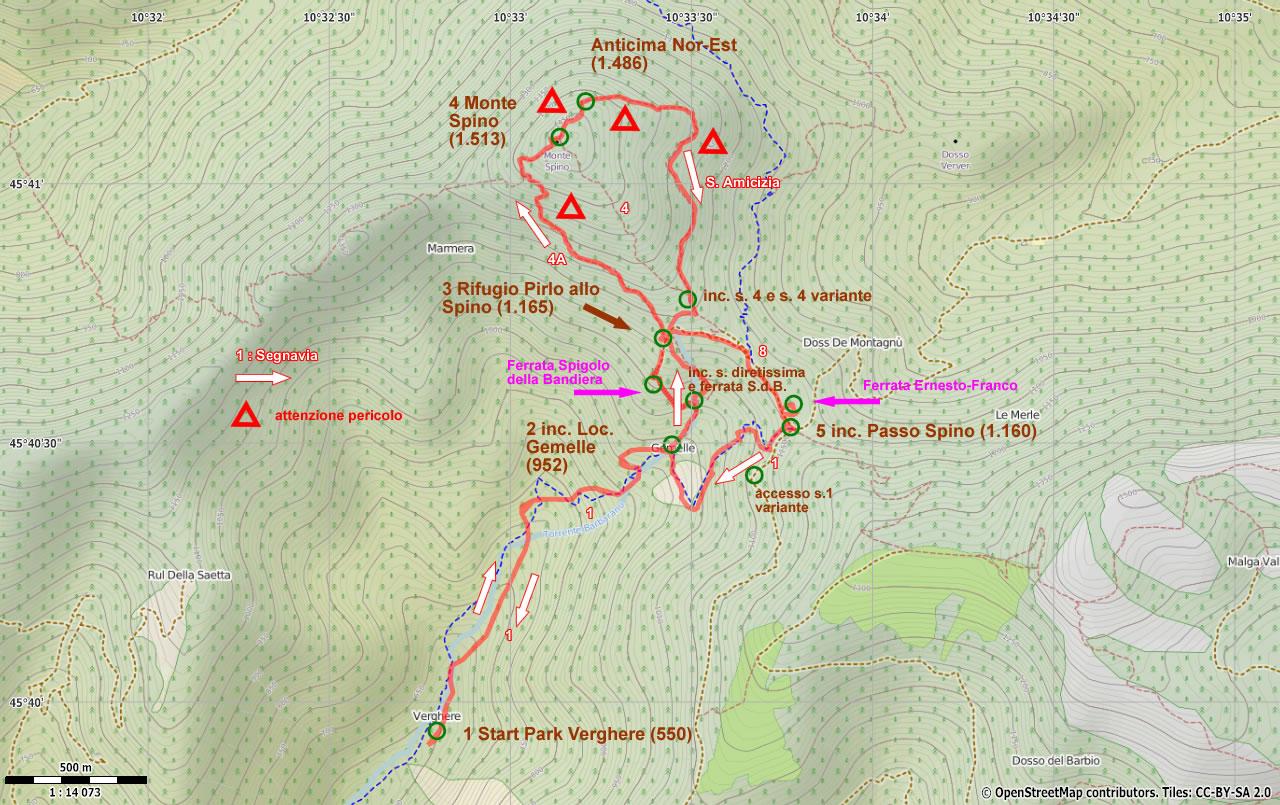 Riepilogo rotta: Descrizione del percorso: 1. Partiremo da Loc. Verghere (550 mt.) dove posteggiamo. Risaliamo per circa un ora, su comoda mulattiera, segnavia 1, fino in località Gemelle. 2. Loc. Gemelle (952), qui troviamo il segnavia per la Ferrata Spigolo della Bandiera.