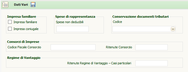 P a g i n a 123 Sezione Dati Vari Nel riquadro Conservazione documenti tributari va indicato il codice con cui si identifica se una ditta ha o meno conservato con modalità elettroniche dei documenti