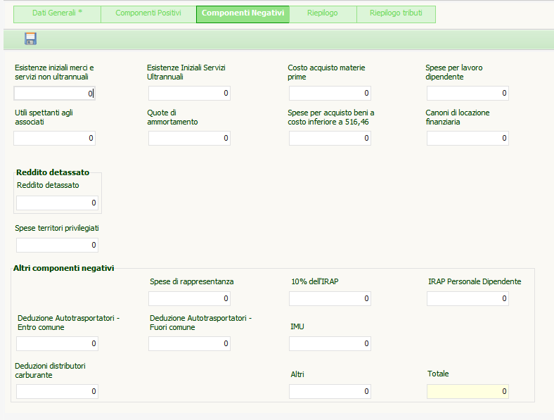 P a g i n a 132 I componenti Negativi Nel riepilogo sarà riportato il risultato del calcolo del quadro, con