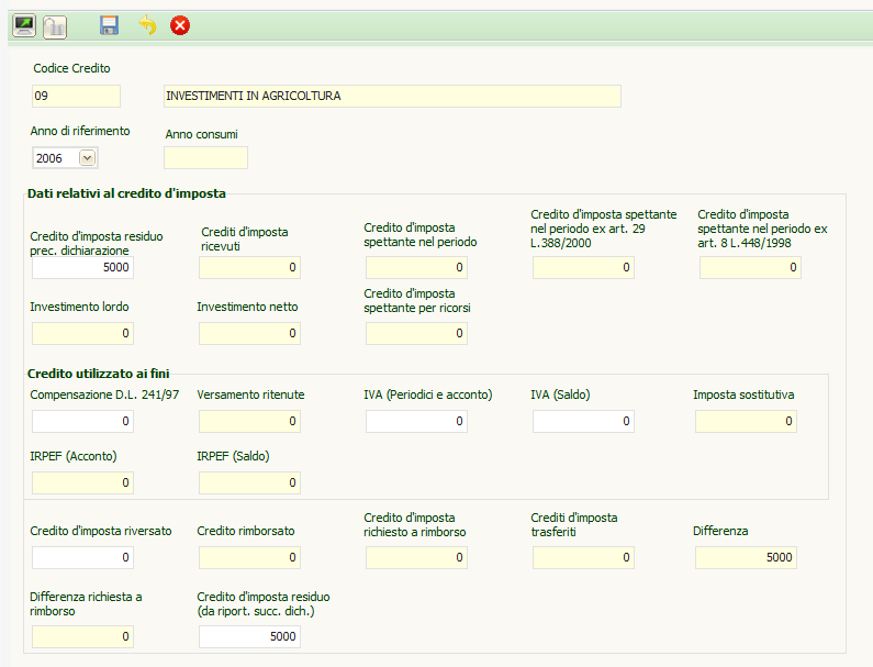 P a g i n a 147 Nella maschera sono presenti tutti i campi che possono essere utilizzati per i vari crediti di imposta.