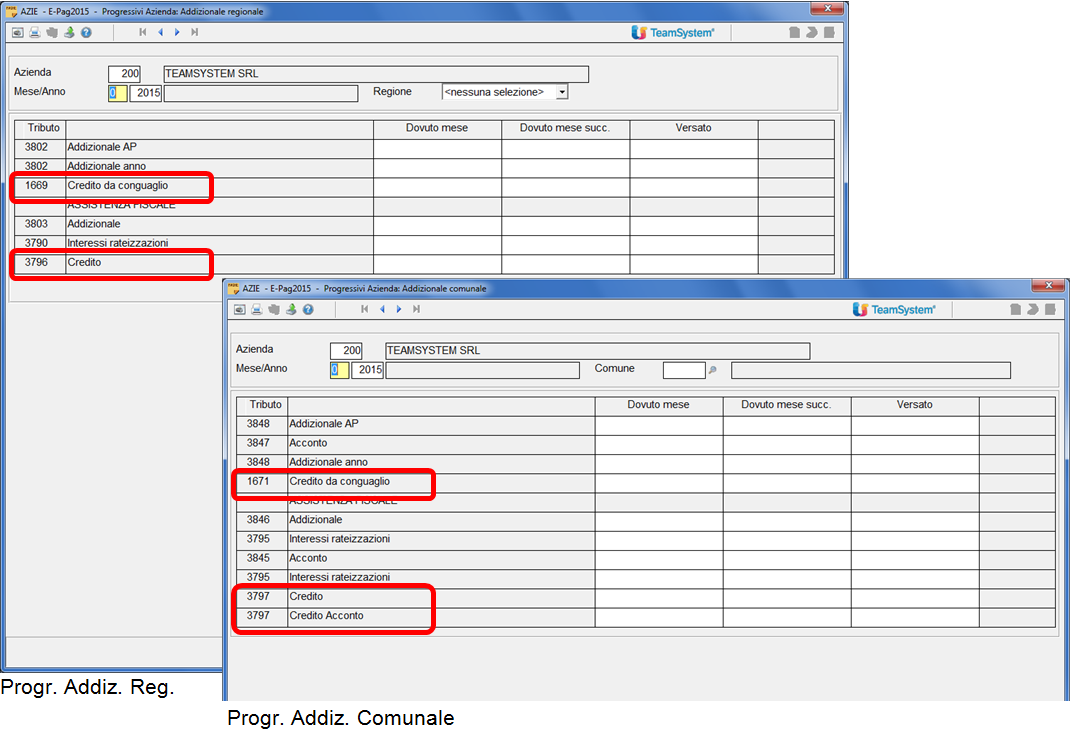 Progressivi > Addizionale regionale / comunale In tali sezioni sono stati eliminati i campi Ceduto ed Acquisito, utilizzato fino al 2014 per evidenziare gli importi dei crediti ceduti o acquisiti ai