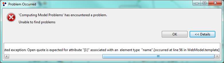 Figura 0-9 Errore in un file xml L errore fa riferimento al Model.Template, che non c entra nulla, infatti non sempre il messaggio di errore riporta il file corretto.