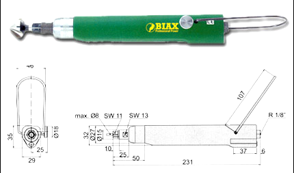 Straight deburring tool Biax BE 805 with adjustable speed 0-500 rpm. The push-start feature eases handling, back air blowdown. Supplied with hose.