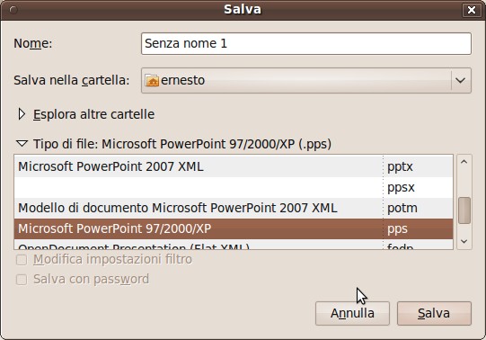 Clic <file/salva con nome > e dal menù a discesa scegliamo.