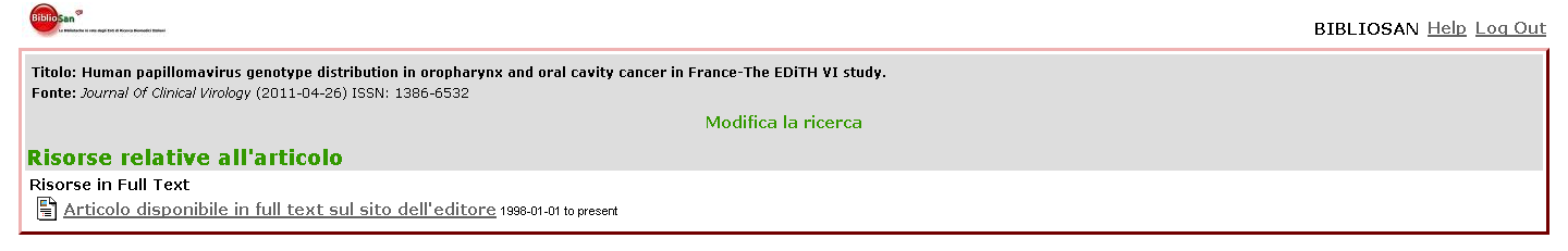 1 - Ricerca di un articolo tramite PubMed BiblioSan Le risorse relative all articolo vengono visualizzate in una nuova pagina: