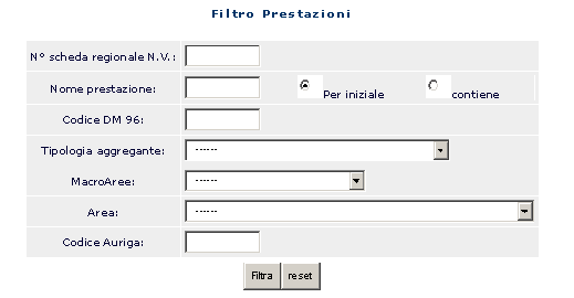 1- PRESTAZIONI Inserisci il nome parziale o esatto della prestazione d'interesse nel campo nome prestazione ( ad es: HPV), clicca " contiene" poi "filtra".