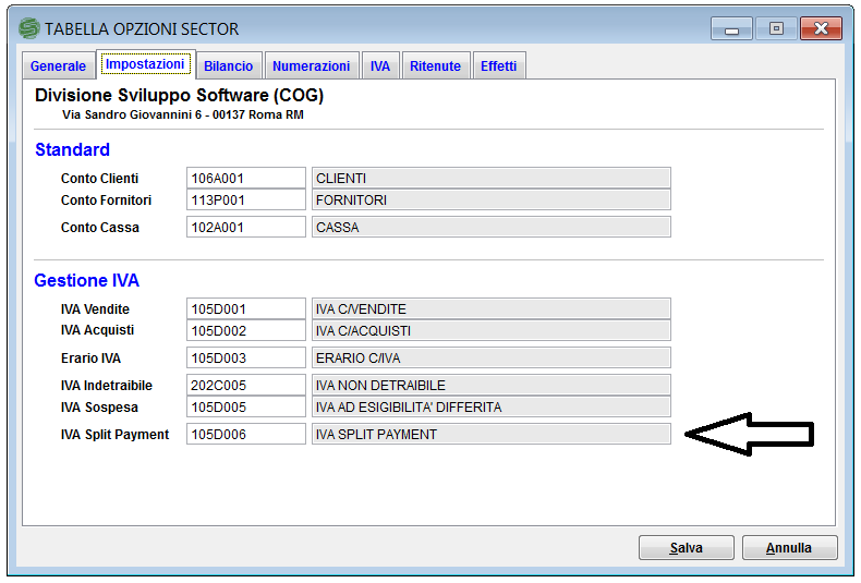 Tabella Opzioni Nella sezione Impostazioni, è stato aggiunto un nuovo campo per definire il conto IVA Split Payment.