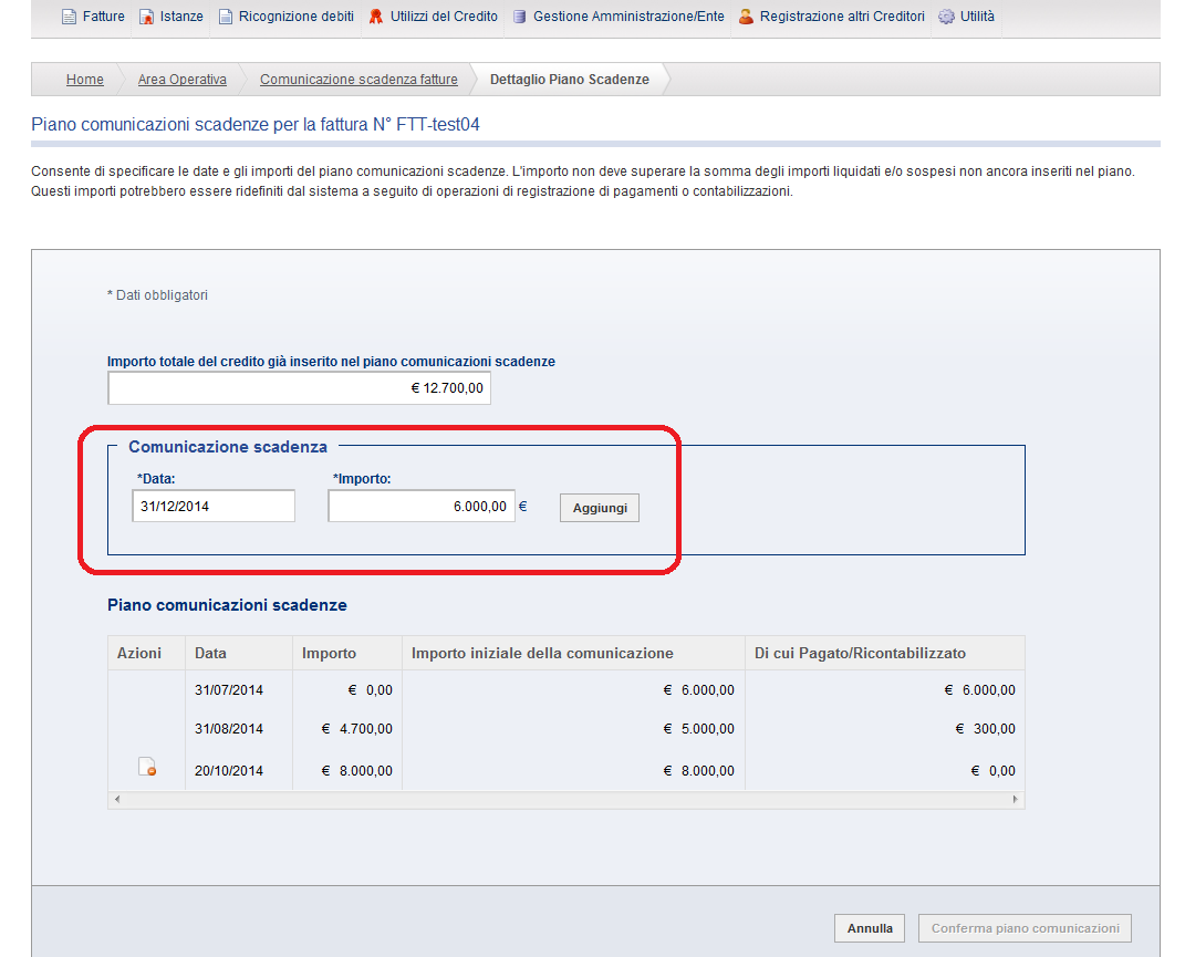 Viene visualizzato il dettaglio del Piano Comunicazioni Scadenze della singola fattura.