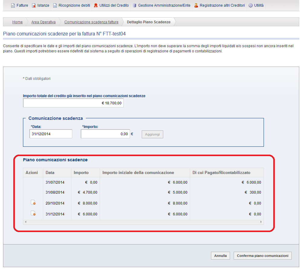 Verificare ed eventualmente modificare i valori Data ed Importo proposti dal sistema e cliccare sul tasto Aggiungi.