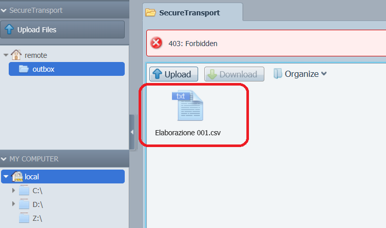 Se il caricamento ha avuto esito positivo, il file viene temporaneamente visualizzato all interno della cartella OUTBOX.